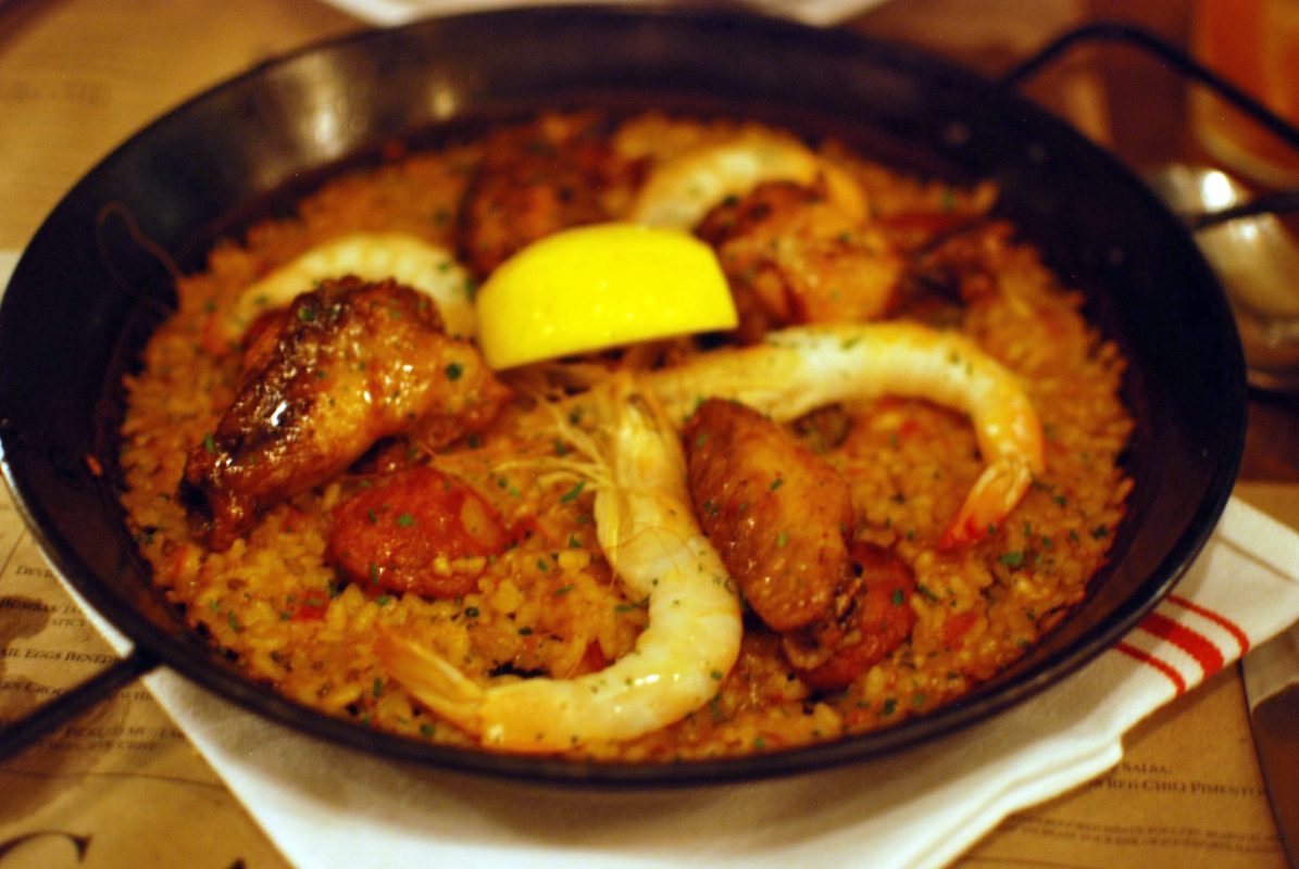 Cata's paella with chorizo, shrimp, and chicken wings